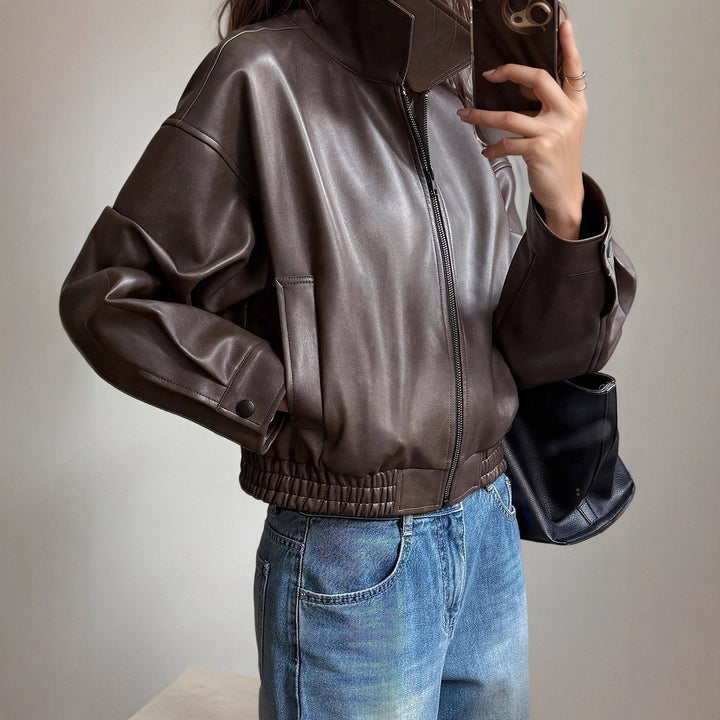 Ava | Women's Zip-Up Faux Leather Bomber Jacket with Elastic Hem