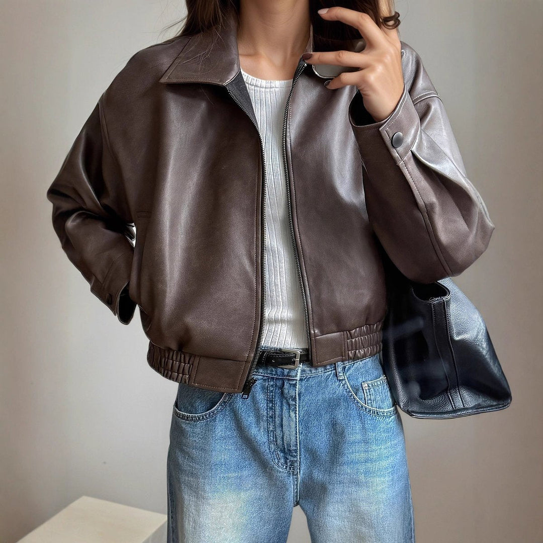Ava | Women's Zip-Up Faux Leather Bomber Jacket with Elastic Hem